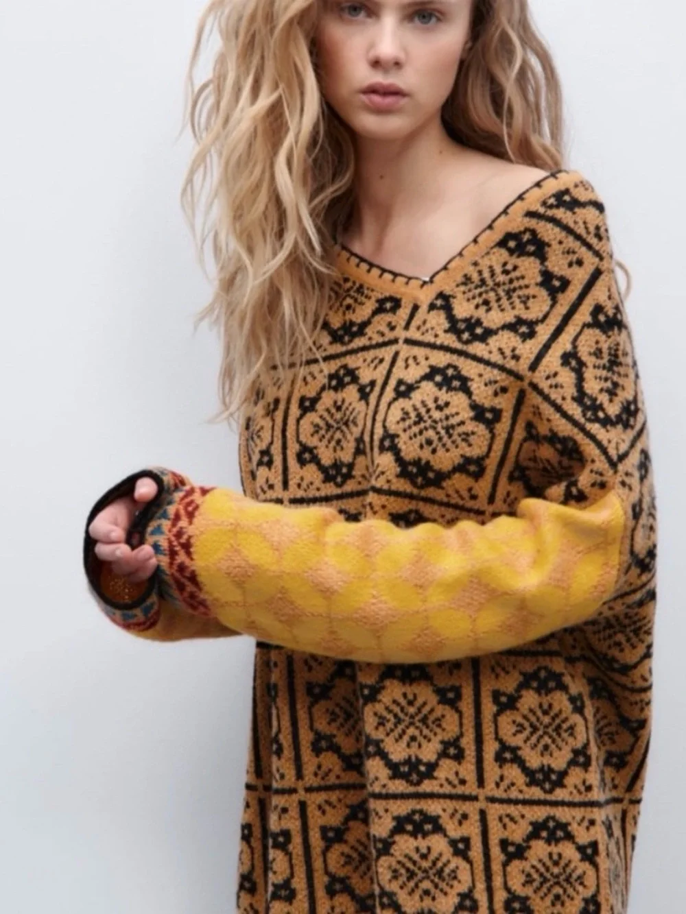 VINTAGE Zara Asymmetrical Neckline Jacquard Knit Patchwork Sweater Size XS—S